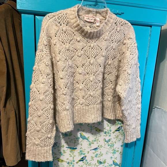 Ivory Pointelle Sweater Willow-root size M oversized boxy crop wool blend soft - Picture 1 of 13